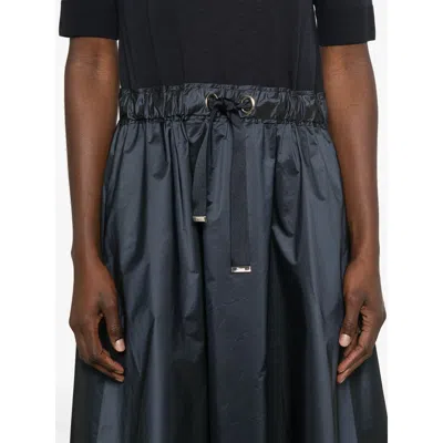 Herno Blue Crewneck Midi Dress With Elastic Drawstring Waist And Panelled Design In Tech Fabric Woman In Black