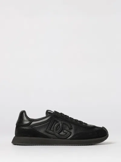 Dolce & Gabbana Round Toe Leather Sneakers With Suede Accents In Black