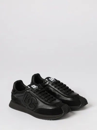 Dolce & Gabbana Round Toe Leather Sneakers With Suede Accents In Black