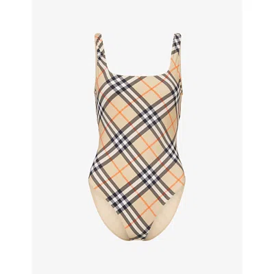 Burberry Women Nylon One-piece Swimsuit With Check Print In Neutral