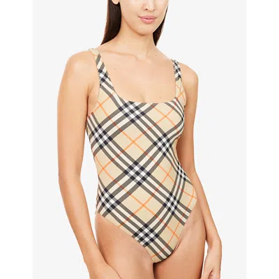 Burberry Women Nylon One-piece Swimsuit With Check Print In Neutral