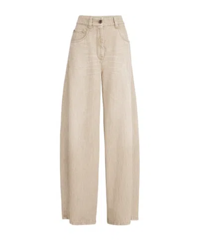Brunello Cucinelli Women Beige Authentic Denim Wide Jeans With Monili In Gray