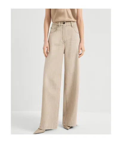 Brunello Cucinelli Women Beige Authentic Denim Wide Jeans With Monili In Gray
