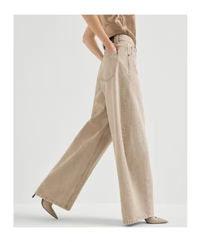 Brunello Cucinelli Women Beige Authentic Denim Wide Jeans With Monili In Gray