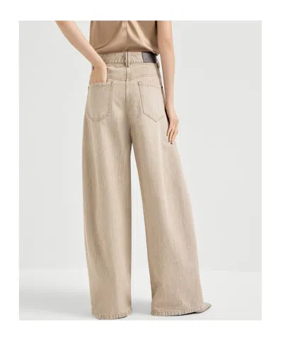Brunello Cucinelli Women Beige Authentic Denim Wide Jeans With Monili In Gray