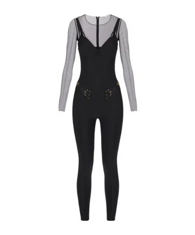 Elisabetta Franchi Jersey And Tulle Jumpsuit With Elastic Straps In Black