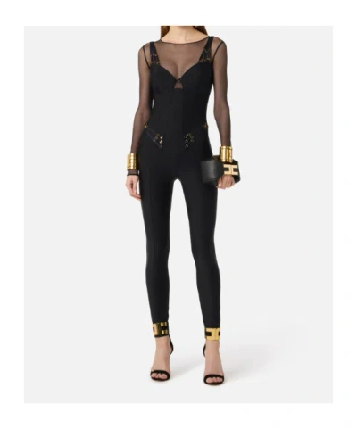 Elisabetta Franchi Jersey And Tulle Jumpsuit With Elastic Straps In Black
