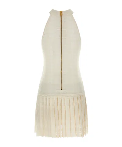 Balmain Button-embellished Pleated Dress In Neutral