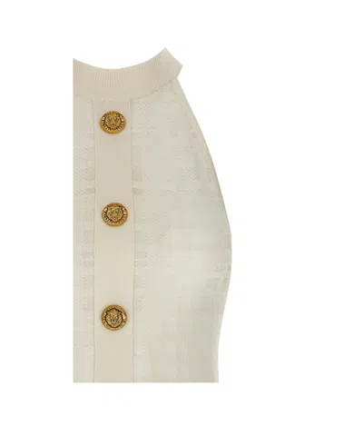 Balmain Button-embellished Pleated Dress In Neutral