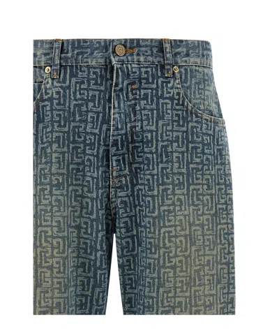 Balmain Monogram Denim Trousers All Over Pattern In Blue