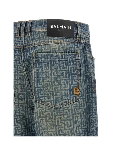 Balmain Monogram Denim Trousers All Over Pattern In Blue