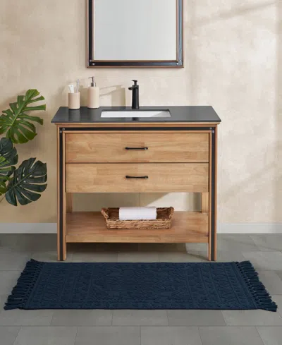 French Connection Nellore Fringe Cotton Bath Rug In Blue