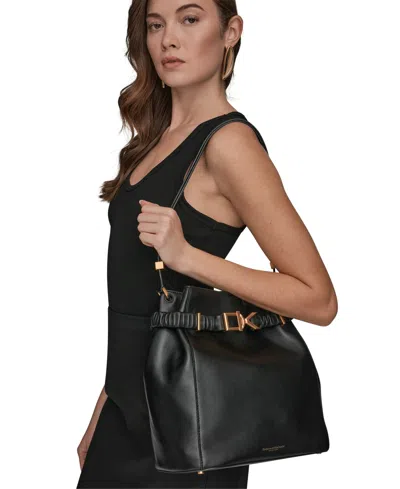 Donna Karan Gingham Medium Bucket Bag In Black