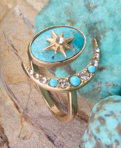 Barse Celestial Blue Turquoise Golden Bypass Ring In Gold