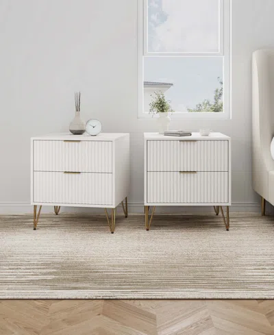 Manhattan Comfort Dumbo Fluted 2-drawer Wood Nightstand, Set Of 2 In White