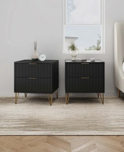 Manhattan Comfort Dumbo Fluted 2-drawer Wood Nightstand, Set Of 2 In Black