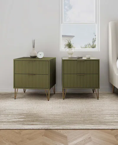Manhattan Comfort Dumbo Fluted 2-drawer Wood Nightstand, Set Of 2 In Green