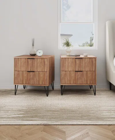 Manhattan Comfort Dumbo Fluted 2-drawer Wood Nightstand, Set Of 2 In Brown