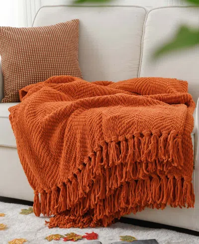 Battilo Herringbone Chenille Knit Throw, 60"x 80" In Orange