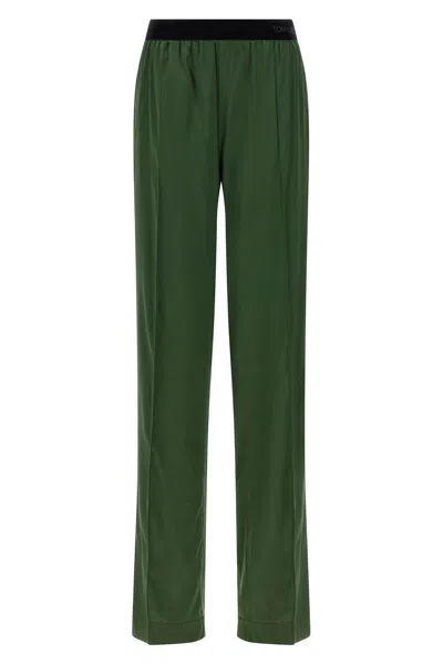 Tom Ford Green Pants With Elastic Waist With Logo Lettering In Silk Stretch Woman In Green