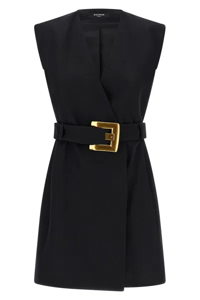 Balmain Sleeveless Wrap Dress Belted Waist Neckline In Blue
