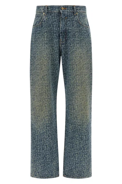 Balmain Monogram Denim Trousers All Over Pattern In Blue
