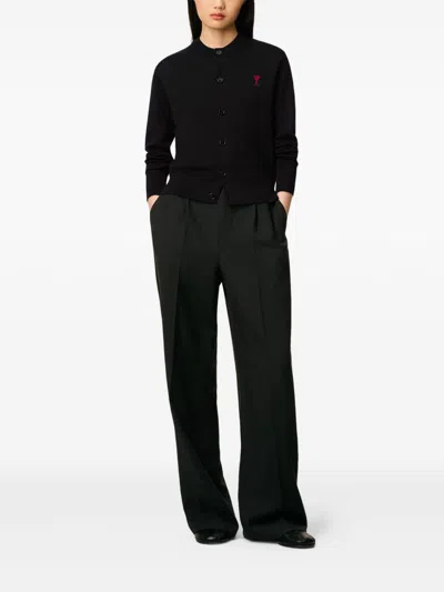 Ami Alexandre Mattiussi Cropped Wool Cardigan With Embroidered Heart Detail In Blue