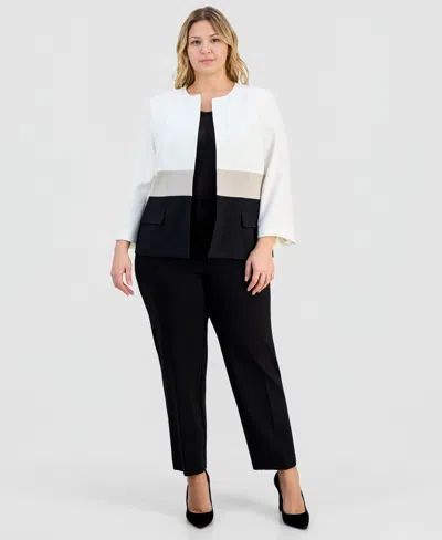 Kasper Plus Size Collarless Colorblocked Open-front Jacket In White