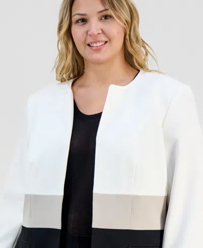 Kasper Plus Size Collarless Colorblocked Open-front Jacket In White