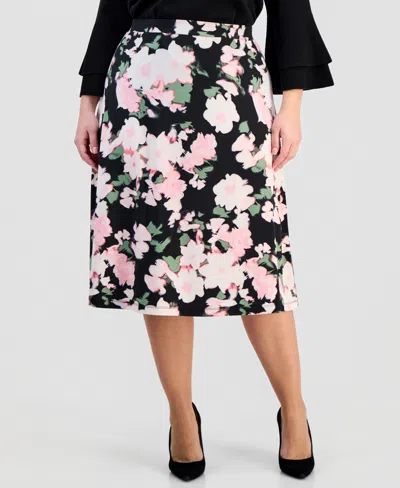 Kasper Plus Size Pull-on Midi Flared Skirt In Multi