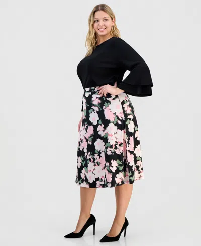 Kasper Plus Size Pull-on Midi Flared Skirt In Multi