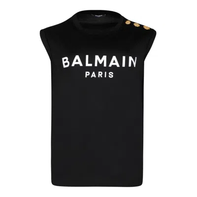 Balmain Logo Print Button Embellished Tank Top In Black