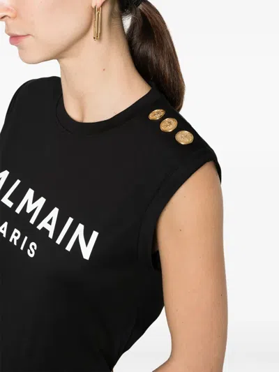 Balmain Logo Print Button Embellished Tank Top In Black