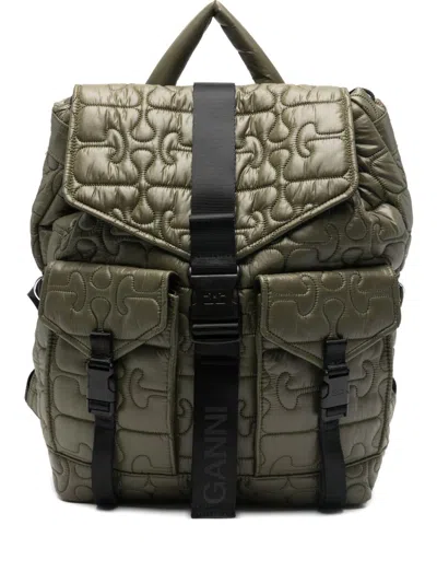 Ganni Nylon Backpack Quilt Pattern Top Handle In Green