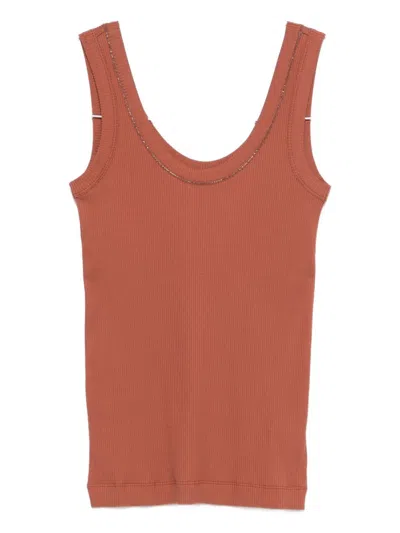 Brunello Cucinelli Cotton Tank Scoop Neck Ribbed Contrast In Orange