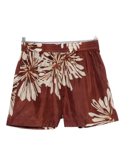 Brunello Cucinelli Women Silk Twill Shorts With Floral Print And Elasticated Waistband In Red