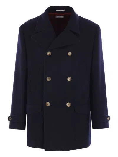 Brunello Cucinelli Double-breasted Wool Coat With Peak Lapels In Blue
