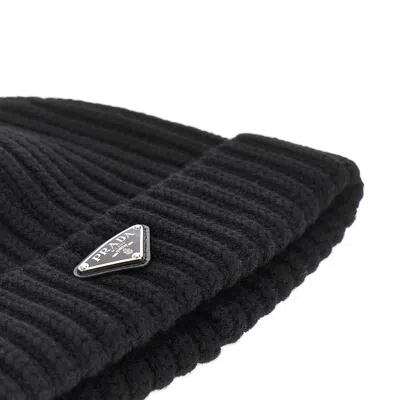 Prada L Beanie Hat With Triangle Logo In Black