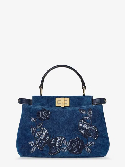Fendi Peekaboo Mini Denim Crossbody Bag With Night Butterfly Embroidery In Blue
