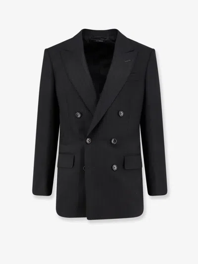 Tom Ford Satin Blazer Double Breasted Peak Lapels In Black