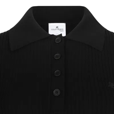 Courrèges Ribbed Short-sleeved Polo Shirt With Buttoned Placket In Black