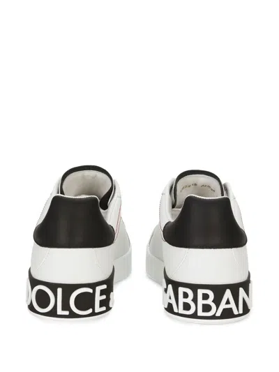 Dolce & Gabbana Portofino White Low Top Sneakers With Patch Logo And Red Stitching In Smooth Leather Man