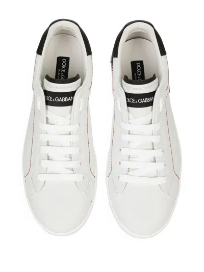 Dolce & Gabbana Portofino White Low Top Sneakers With Patch Logo And Red Stitching In Smooth Leather Man