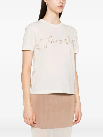 Fendi Beige Cotton And Linen T-shirt With Logo In Neutral