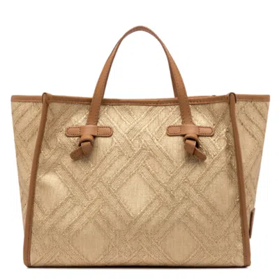 Gianni Chiarini Marcella 32 Shopping Bag In Raffia And Cotton Jacquard Fabric In Nude