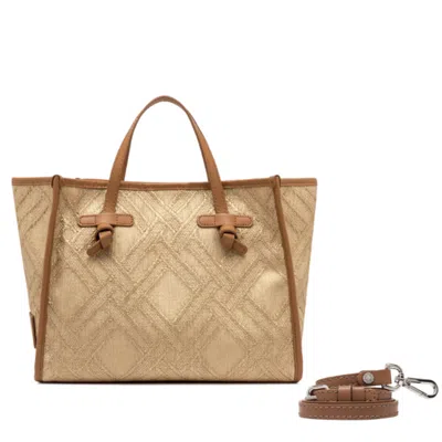 Gianni Chiarini Marcella 32 Shopping Bag In Raffia And Cotton Jacquard Fabric In Nude