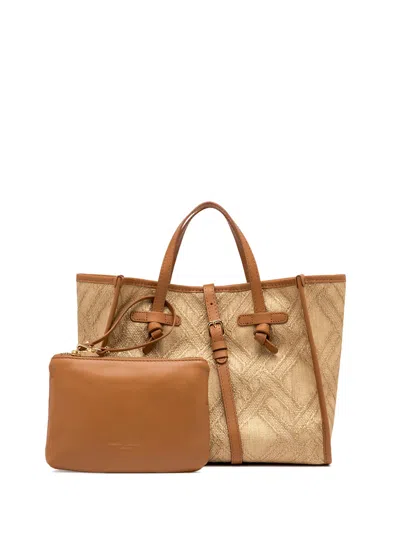 Gianni Chiarini Marcella 32 Shopping Bag In Raffia And Cotton Jacquard Fabric In Nude