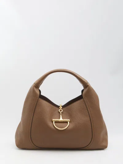 Gucci Brown Softbit Grained Calf Leather Shoulder Bag In Nude