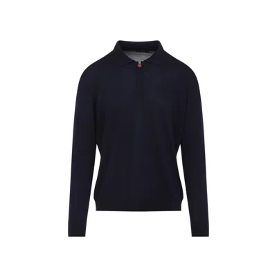 Kiton Wool Long Sleeve Polo With Ribbed Cuffs And Hem In Blue