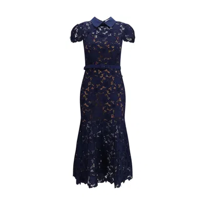 Self-portrait Guipure Blue Long Dress With Lace Design And Adjustable Waist Belt In Fabric Woman
